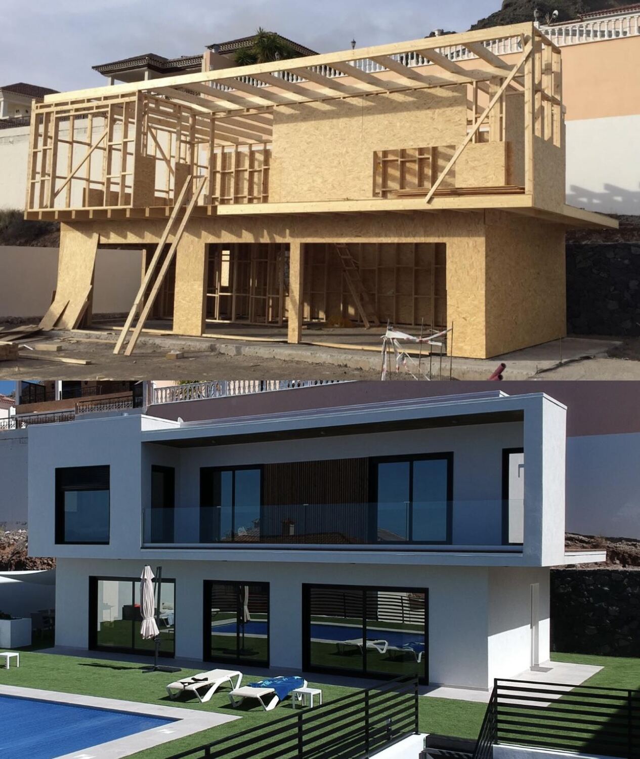 Antes y despues de una villa con piscina y planta superior en voladizo