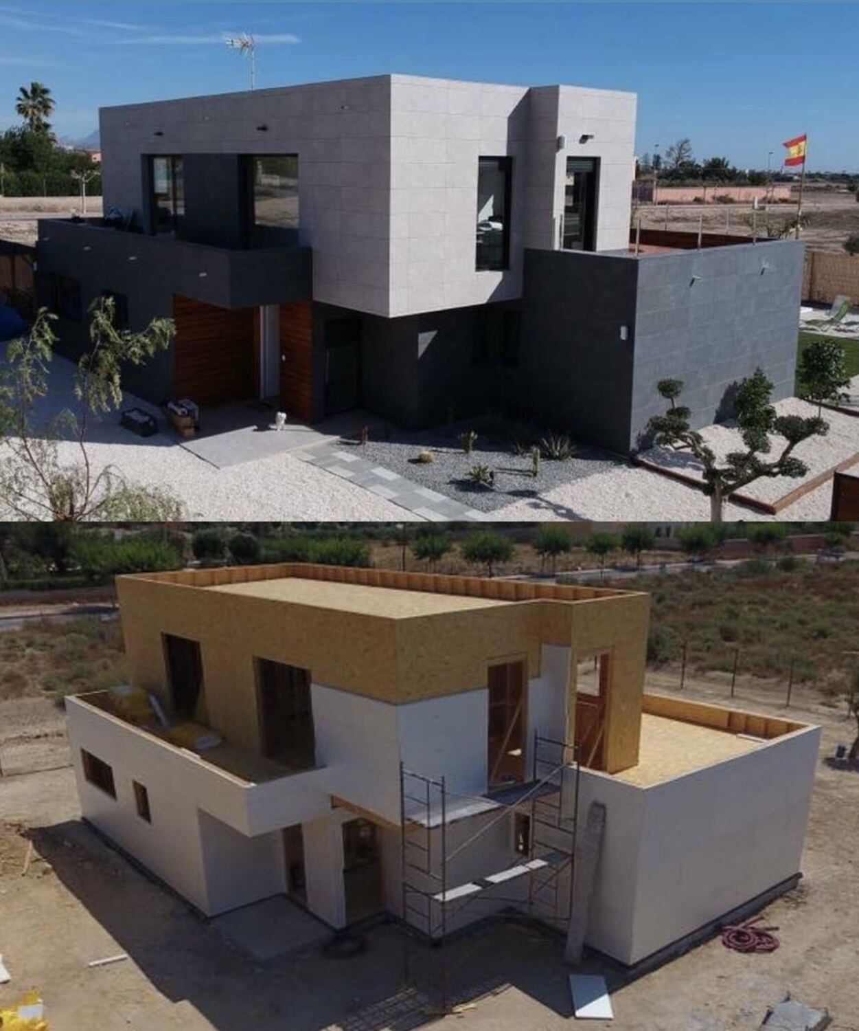 Antes y despues de una vivienda cubica con estructura de madera